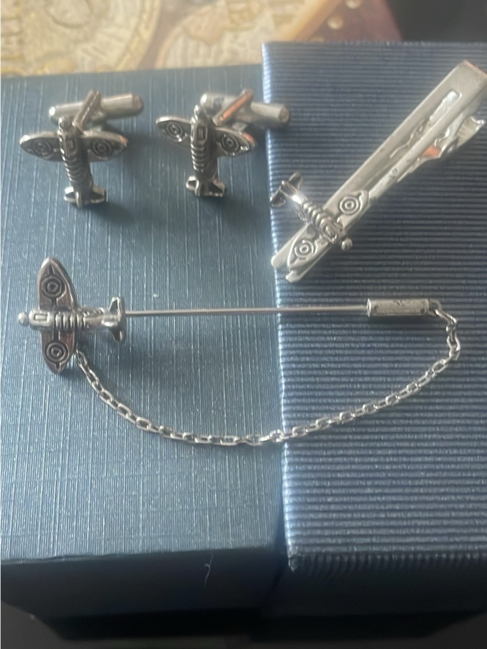 Vintage Silver Airplane Cufflinks with Matching Tie Pin and Chain